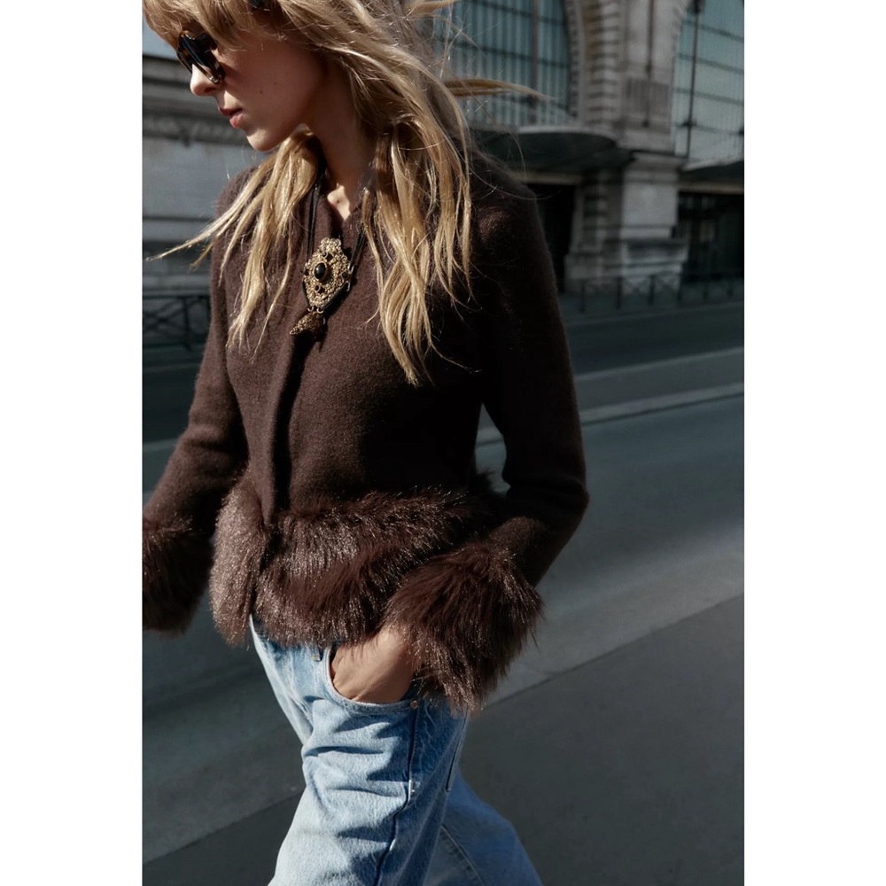 Zara FAUX FUR TRIM KNIT CARDIGAN - Picture 2 of 7